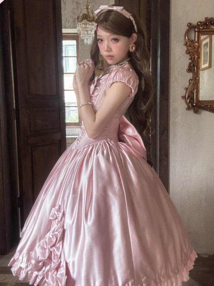 Soft Pink Lolita OP Dress with Satin, Lace and Butterfly Bowknot Details - Snow Lolita