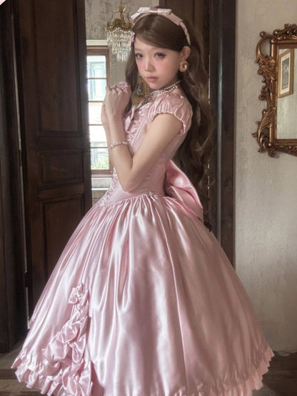 Soft Pink Lolita OP Dress with Satin, Lace and Butterfly Bowknot Details - Snow Lolita