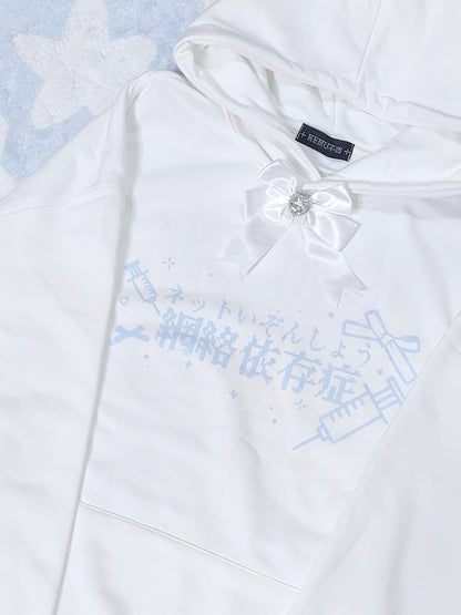 Hoodie with Print Bow Kawaii Yami Blue Syringe and White/Black Brooch Pink