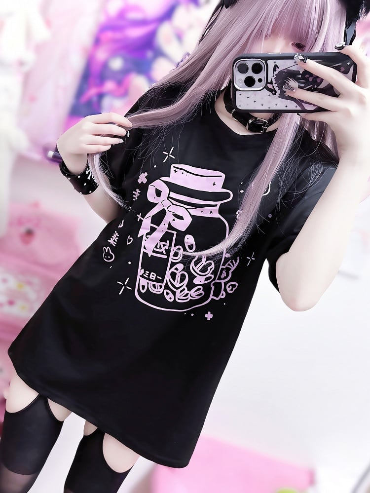 Yami Medicine Black Print Kei T-shirt Bottle Pink Jirai