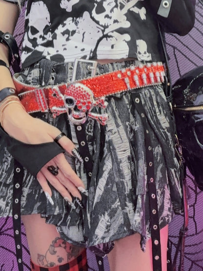 Y2K キラキラ輝くラインストーン パンクスカル弾丸ウエストベルト