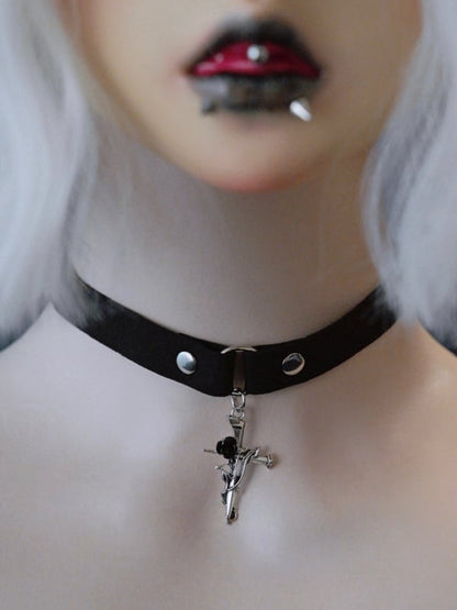 Cross Decorated Choker Gothic Pendant Rosette Black
