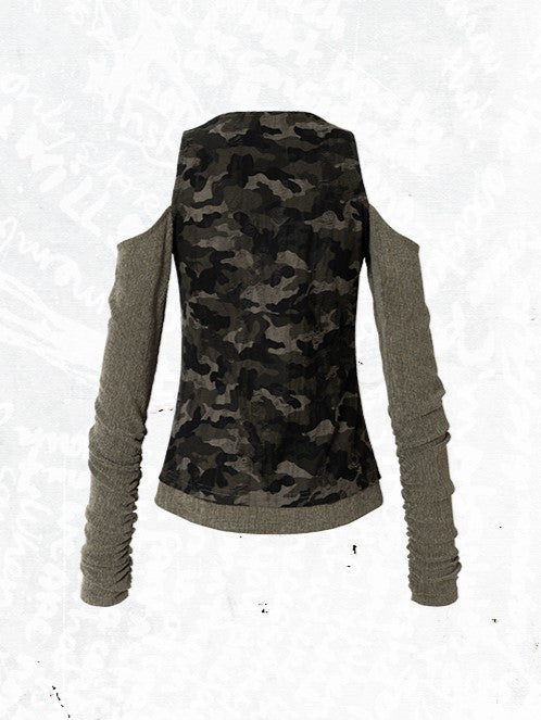 Studded Design Camo Accents Green Vintage Knit Cold-Shoulder Punk with Top
