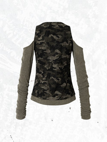 Studded Design Camo Accents Green Vintage Knit Cold-Shoulder Punk with Top