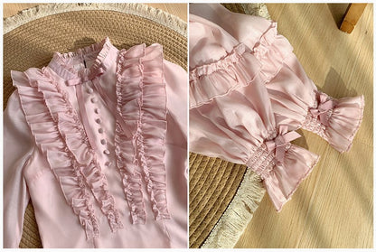 Pink Balloon Sleeve Blouse with Ruffle Accents and Rose Brooch - With PUJI