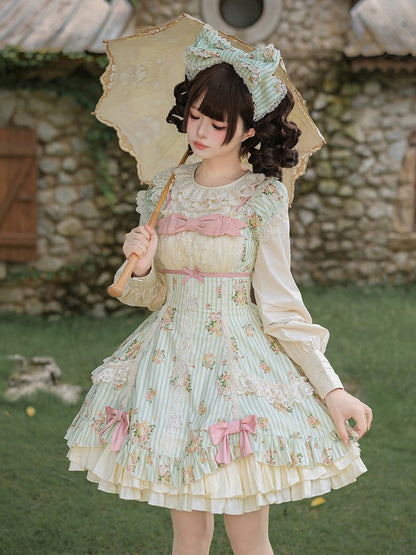 Floral Striped Dress Set with Hair Clip and Choker - With PUJI