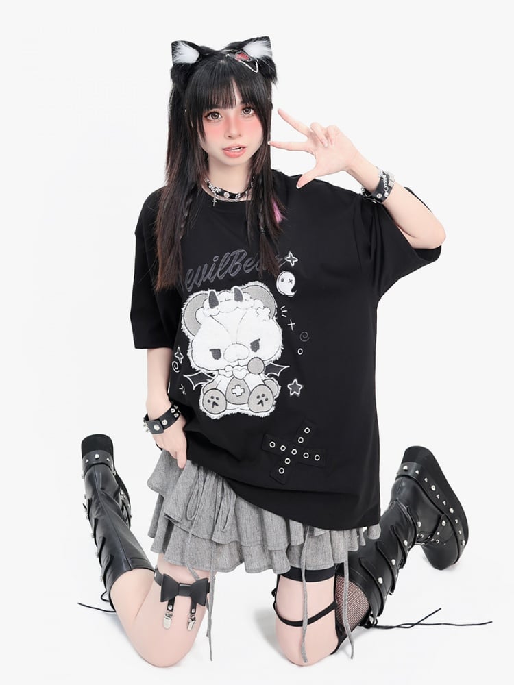 ブラック イービル キティ プリント Tシャツ