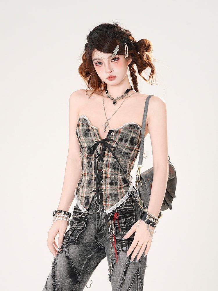 Leopard and Strapless Top Pattern Plaid Brown/Blue Lace-up Front Lace Trim