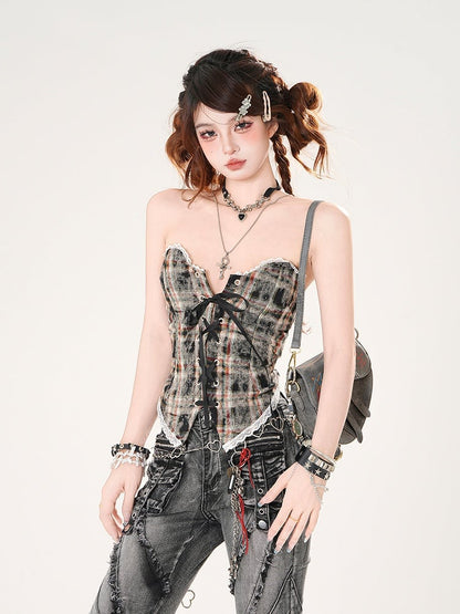 Leopard and Strapless Top Pattern Plaid Brown/Blue Lace-up Front Lace Trim