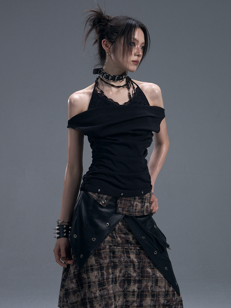 Accents Faux Lace Knit Vest Halter Two-Piece Punk With Black Stud