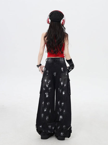 with Cut Rise Denim Pants Cargo Leg Paint Low Spray Black Wide