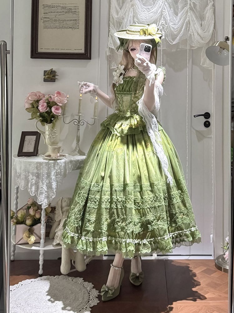Top Baskenmuster Taillenstäbchen + Rock Ölgemälde Lolita Classic Overlay Grün