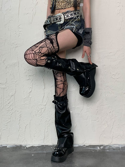 Punk Leg Sleeves with Buckle Straps in Black PU - Bokior