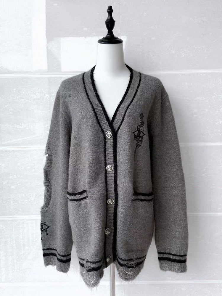 Grauer Cardigan mit Guro Kawaii-Augen- und Schlangenstickerei im Used-Look