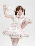 Maid Lolita Dress in Sweet Pink & White, Puff Sleeves, Flounced Skirt & Lace - Mewroco