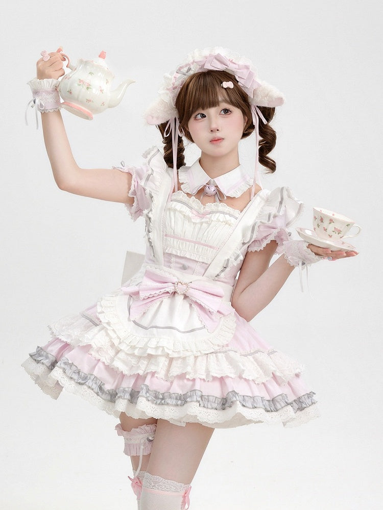 Maid Lolita Dress in Sweet Pink & White, Puff Sleeves, Flounced Skirt & Lace - Mewroco