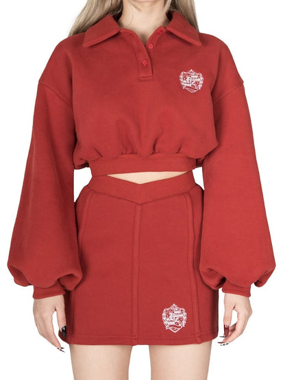 Vintage Preppy Red Polo Collar Crop Sweatshirt with Embroidered Badge / High Waist Skirt
