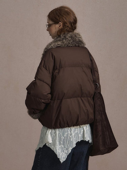 Beige/Brown Short Puffer Jacket with Faux Fur Trim and White Duck Down Filling