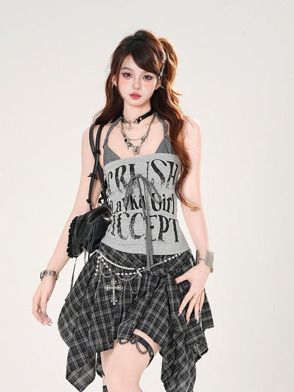 Faux Neckholder Zweiteiler Buchstaben Rot/Grau Top Print