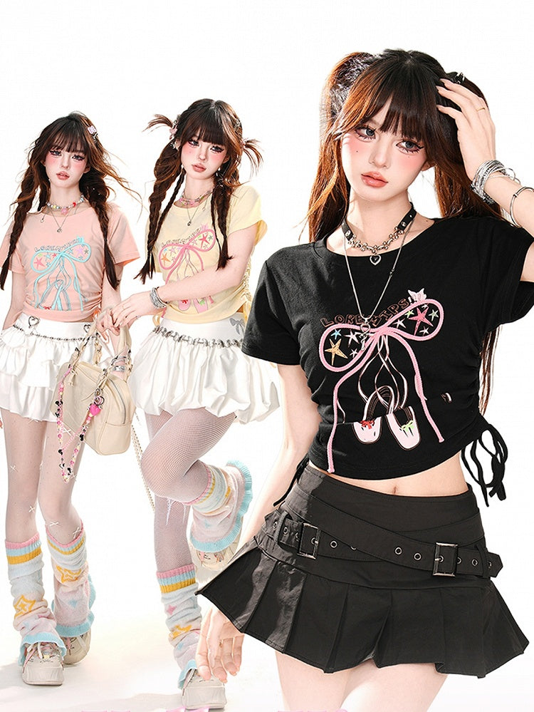 Glamorous Bowknot Schwarz/Gelb/Pink Cropped T-Shirt Kordelzug Taille Akzent