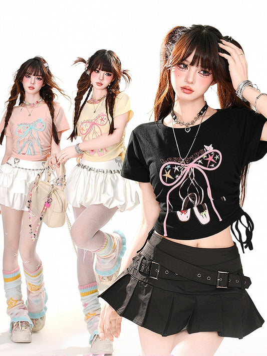 Glamorous Bowknot Schwarz/Gelb/Pink Cropped T-Shirt Kordelzug Taille Akzent