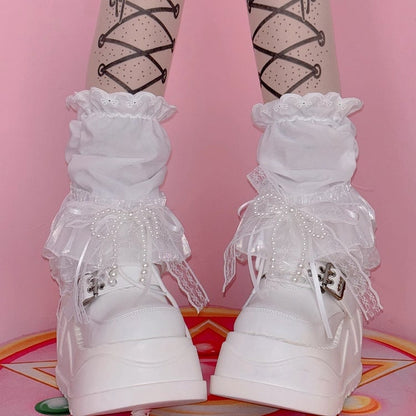Perlenbesetzte weiße Spitze verzierte Ärmelbesatz Beinschleife Y2K