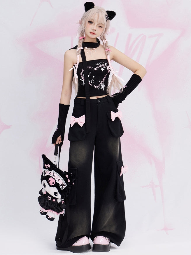 Black Bowknot Details Cargo Pockets Straight-leg Cut Jeans