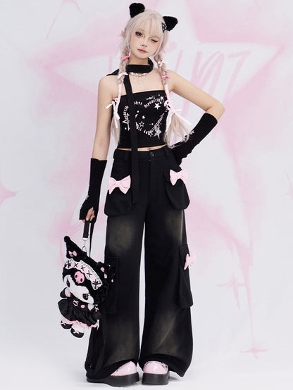 Black Bowknot Details Cargo Pockets Straight-leg Cut Jeans