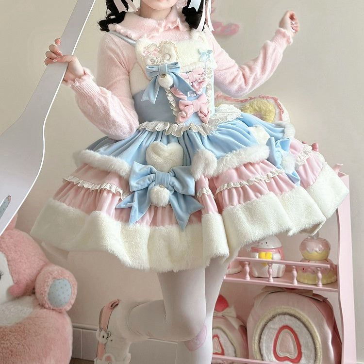 Winter Dress Ears Lolita Sweet Blue and Kitty Neckline Pink Plush