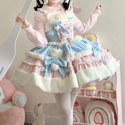 Winter Dress Ears Lolita Sweet Blue and Kitty Neckline Pink Plush