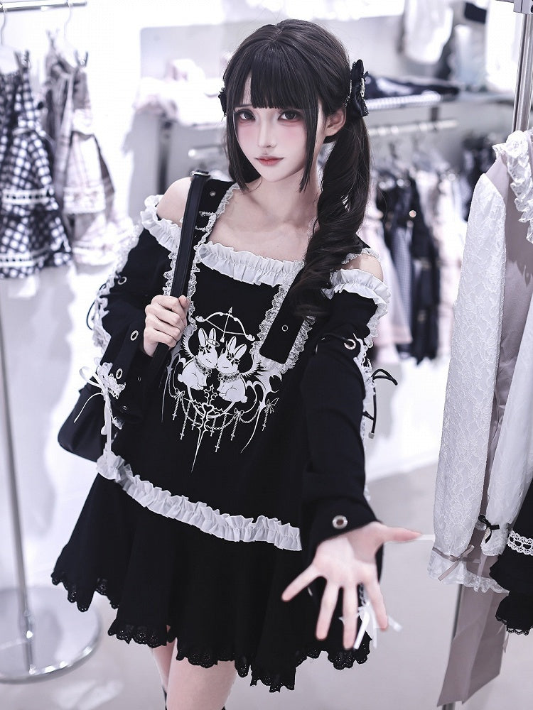Bunny Print Black Off-Shoulder Long-Sleeve Jirai Kei T-Shirt Dress with Ruffles - Ekomi