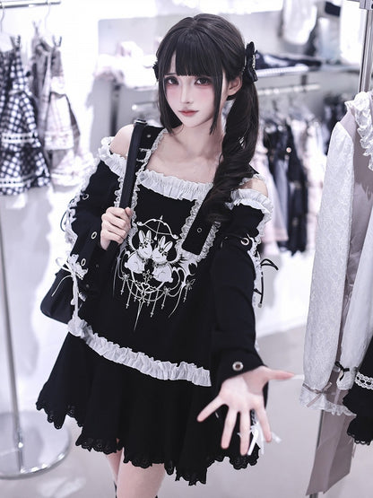 Bunny Print Black Off-Shoulder Long-Sleeve Jirai Kei T-Shirt Dress with Ruffles - Ekomi