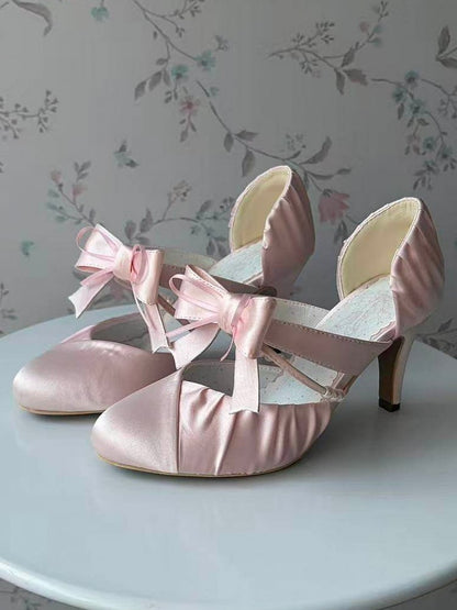 Lolita Satin - Accents Heels Toe Bow Pink Mary Jane Pointed Elegant