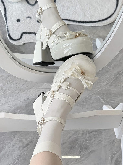 White High with Lolita Decor Heart-shaped Shoes Elegant Mary Snap Jane Bow Block Heel