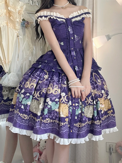 パープルロリータスカロップネックラインアイレットトリムプリントキャミグレープトップ