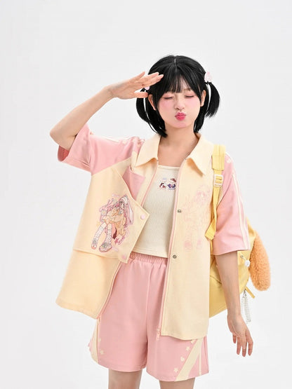 Beige and Pink Colorblock Design Shirt Anime Print Zip Bittersweet Closure Y2K