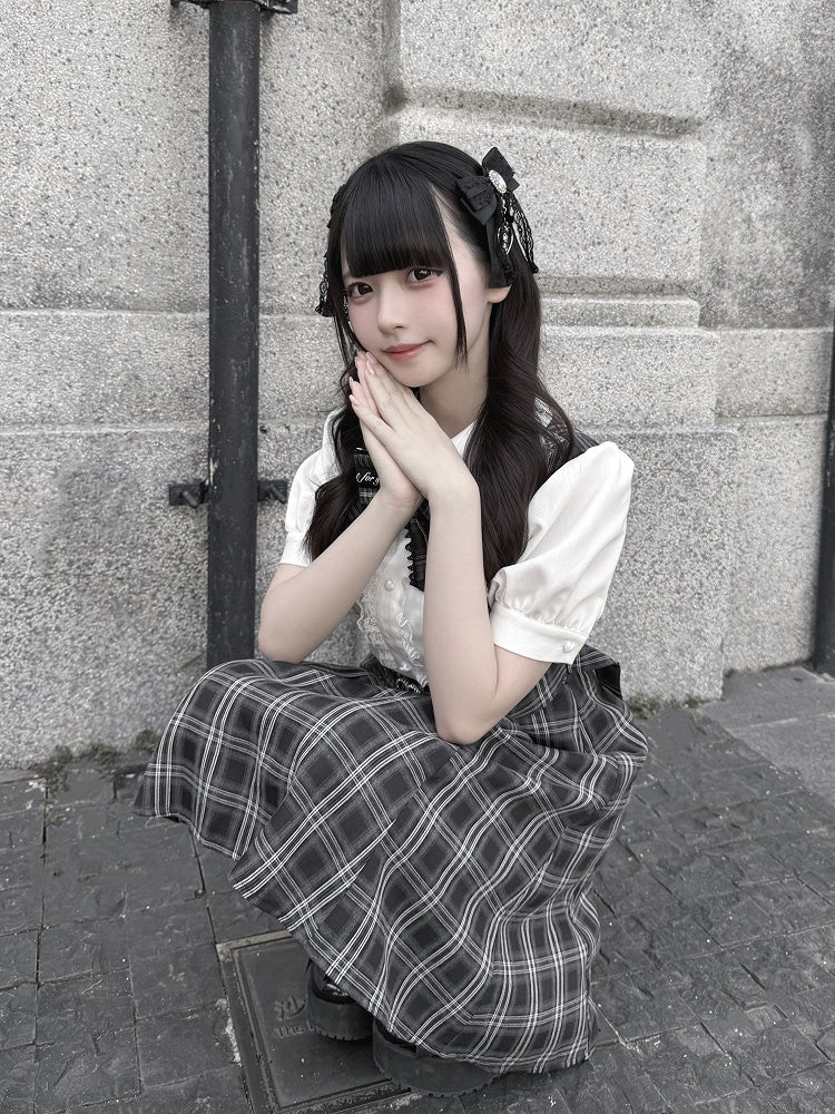 Bow Dress Two-Piece Detachable Kei Heart Plaid Black Belt Jirai Tie Design with Buckle Faux