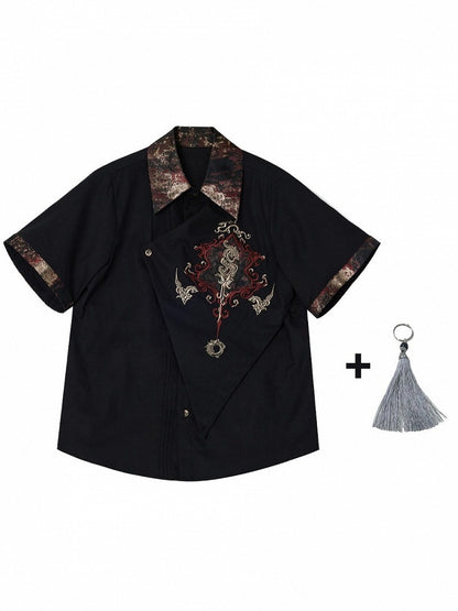 Embroidered Dragon Short Sleeve Shirt - Qing Tang Original