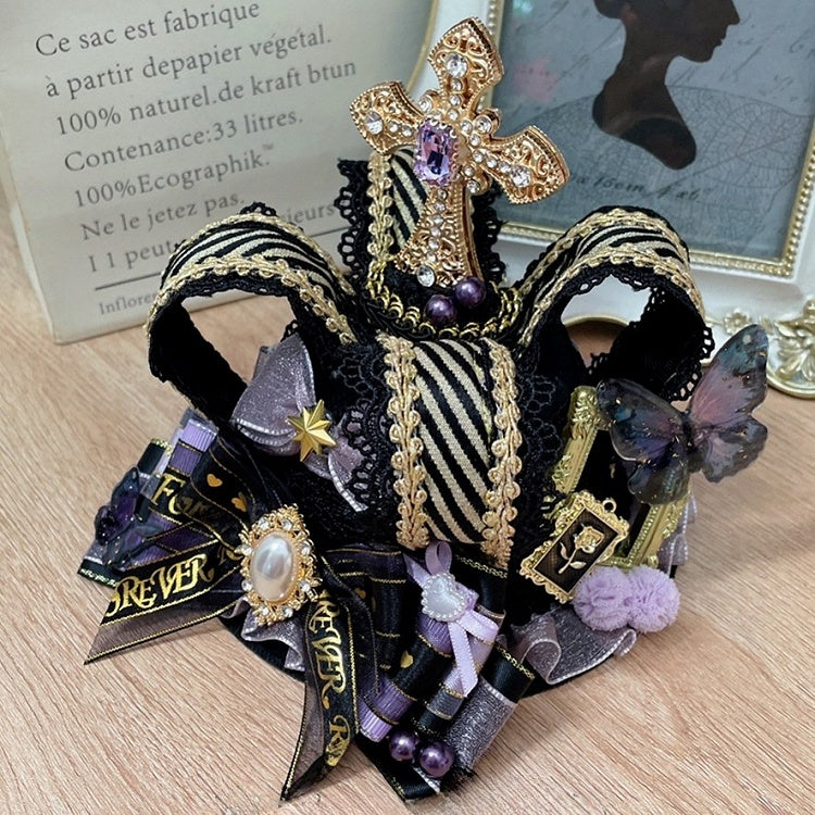 Pink/BlackPurple Crown Decorated Rhinestone Bowknot Design Details Pompon Cross Mini Hat