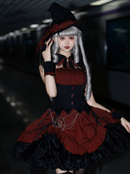 Bow Gothic Lolita Chain Witch / Spider Black and Decorated Red Big Web Hat