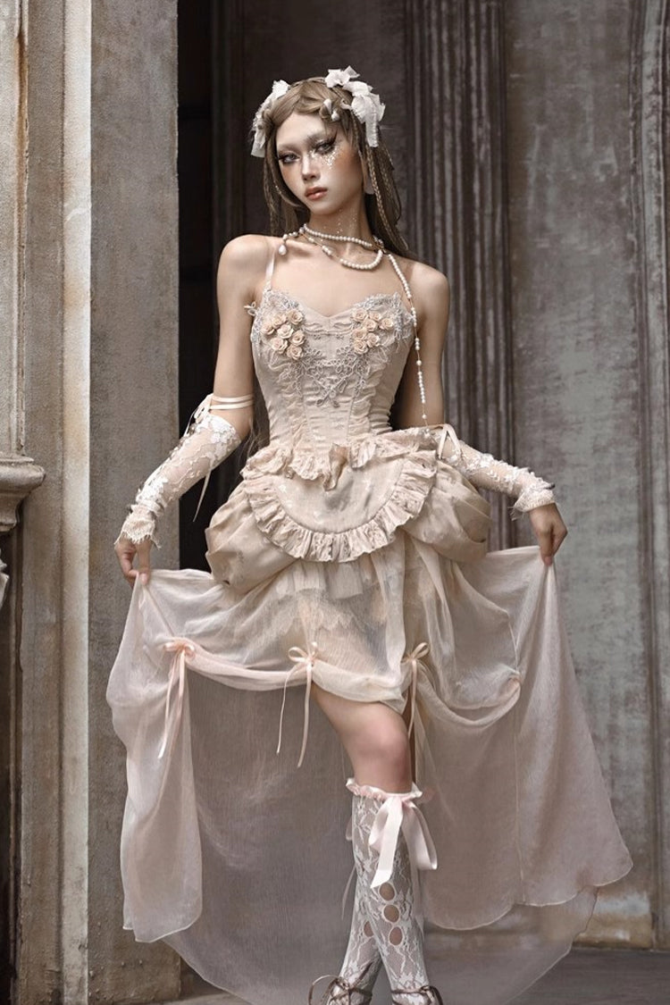 Apricot V-Neck Sleeveless High-Waisted Ruffle Lace Fishbone Corset Skirt Set