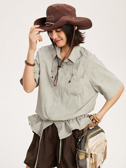 Dusty Green Placket Vintage Button T-Shirt -