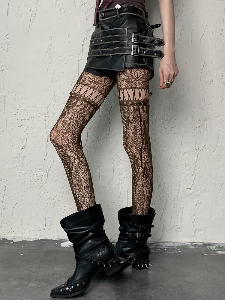 Ausgeschnittene Strumpfhosenträger zum Selbstbinden in Kaffee/Grau/Schwarz/Weiß/Lila/Blau im Y2K-Stil mit Blumenmuster