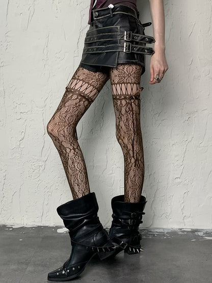 Ausgeschnittene Strumpfhosenträger zum Selbstbinden in Kaffee/Grau/Schwarz/Weiß/Lila/Blau im Y2K-Stil mit Blumenmuster