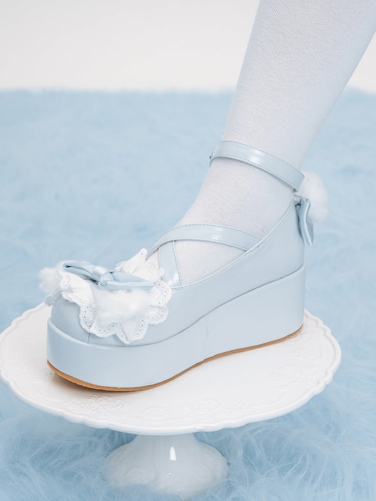 Blue Design at Decorated Top Bow Pompon Plush With Ear Crisscross Platforms Bunny