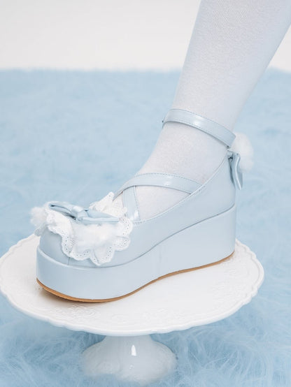 Blue Design at Decorated Top Bow Pompon Plush With Ear Crisscross Platforms Bunny