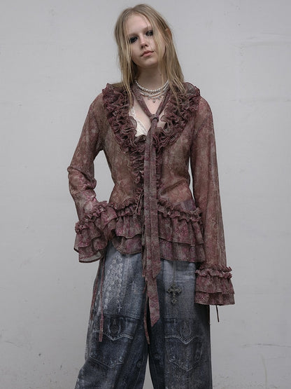 Pattern Ruffles Leopard Trim Sleeves Bell Shirt Purple