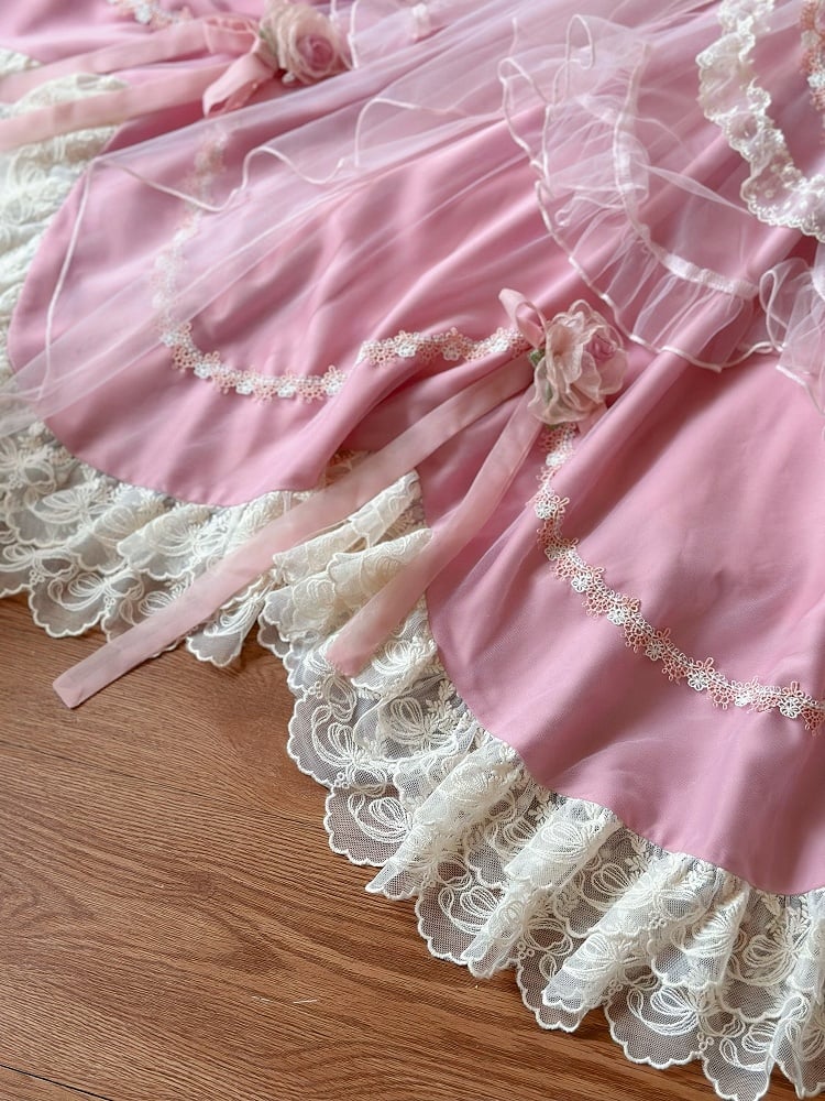 Rosa Blumenfee Basken-Taille Bowknots Dekoration Hanayome Lolita OP / Komplettset