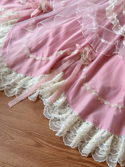 Rosa Blumenfee Basken-Taille Bowknots Dekoration Hanayome Lolita OP / Komplettset