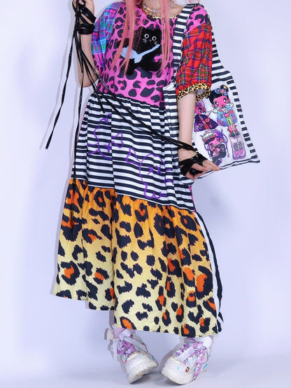 Ärmeldruck Rosa Puff Leopard Gyaru Modekleid